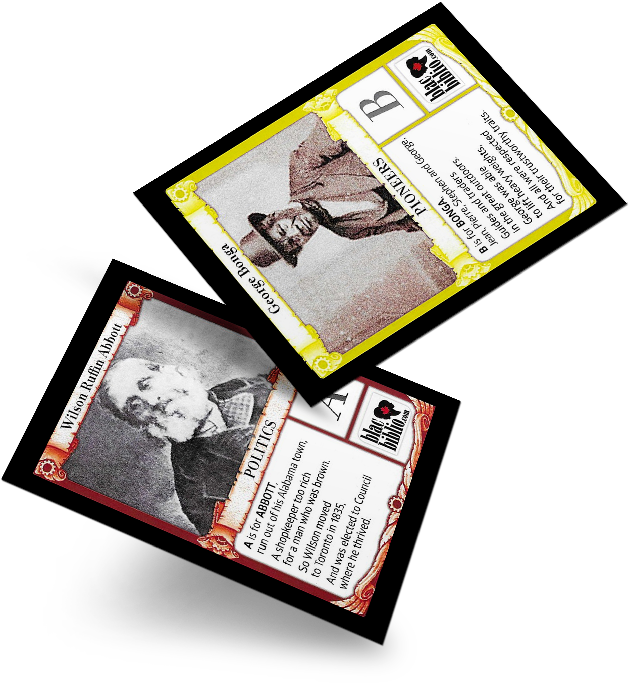 Blacbiblio | The ABC’s Toolkit is designed to help teachers create engaging lessons that are FUN and hands-on learning experiences. Two vintage-style trading cards are shown at an angle. One card features an older man in a suit with text about "POLITICS." The other card celebrates "PIONEERS" and shows a man in work attire. Both cards, highlighting aspects of Canadian Black History, are adorned with decorative borders and small icons. blacbiblio.com